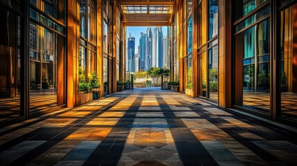 Leinwandbilder - A modern architectural corridor with reflections and city views.