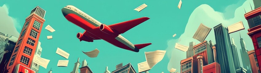 Aufkleber - A stylized airplane flies over a cityscape with papers fluttering in the air.