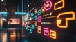 © Mega - Futuristic digital network interface glowing brightly on a transparent screen in a modern setting.