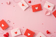 © ActionGP - A collection of red and pink envelopes on a pastel background, adorned with heart-shaped decorations, conveying a feeling of love and romance for Valentine's Day
