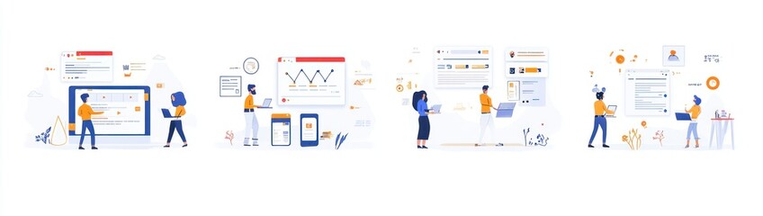 Fototapete - Illustrations depicting digital interactions and data analysis in a business context.
