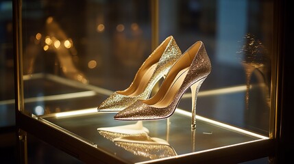 Poster - Sparkling high-heeled shoes displayed in a stylish showcase.