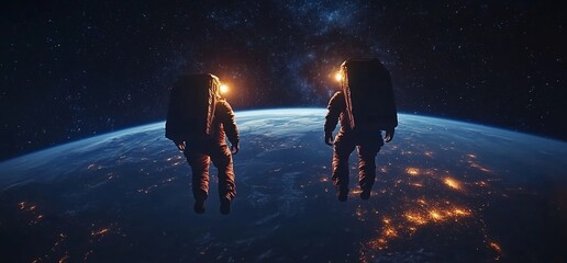 Poster - Two astronauts floating above Earth, gazing at the planet and stars.