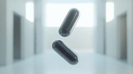 Fototapete - Two floating black capsules in a minimalist hallway.