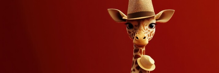 Poster - A cartoon giraffe wearing a straw hat, posing against a solid red background.