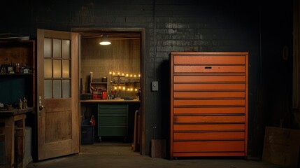 Poster - A workshop scene featuring an orange storage unit and an open door to a workspace.