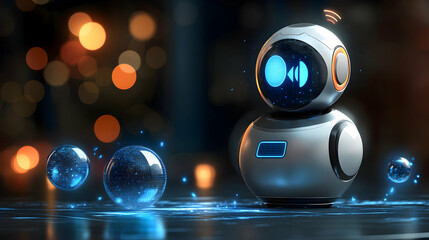 Wall Mural - Futuristic Robot with glowing data spheres in a dark background, 3D render.