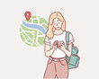 © autumnn - Hand holding mobile phone and searching route and location with GPS map app. Person use smartphone screen with navigator application. Hand drawn style vector