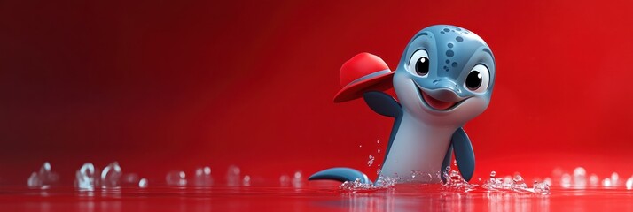 Poster - A cheerful cartoon dolphin wearing a red hat splashes playfully in water against a red background.