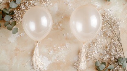 Poster - Two elegant, pale balloons with tassels on a soft, textured background adorned with foliage.