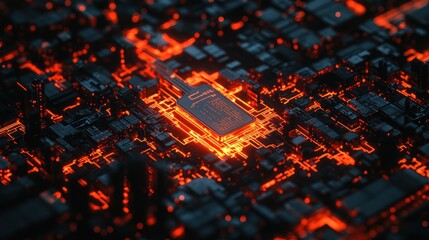 Aufkleber - A glowing circuit board with intricate patterns and vibrant orange lighting.