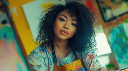 Poster - A young artist with curly hair poses in a colorful studio, showcasing creativity and passion.