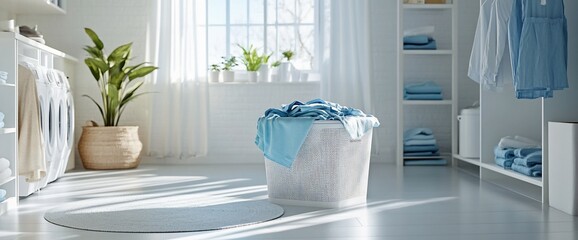 Aufkleber - A bright laundry room with a basket of clean clothes and plants.