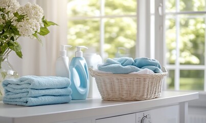 Poster - A bright laundry area with towels, detergent, and fresh flowers.