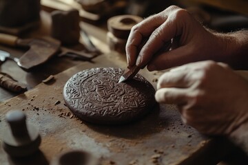 Aufkleber - A person carving intricate designs into a round clay piece in a workshop setting.