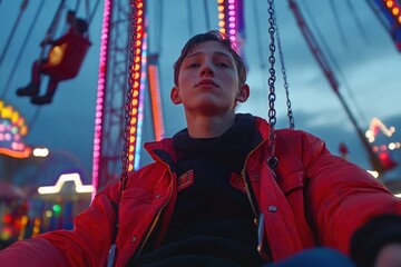 Aufkleber - A young person sits on a swing ride at dusk, illuminated by colorful lights.