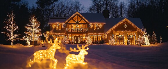 Poster - A beautifully decorated house with festive lights and reindeer in snow.