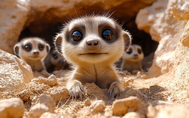 A group of adorable meerkats emerges from their burrow, showcasing their curious faces and playful nature in a sandy environment.