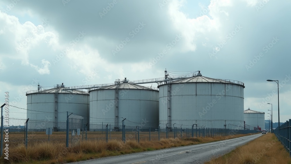 Massive oil storage tanks in industrial zone under cloudy sky with ...