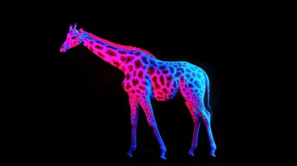 Poster - A vibrant, neon-colored giraffe against a dark background, showcasing artistic design.