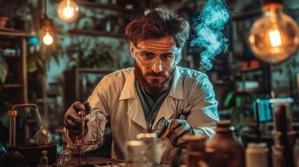 Poster - A scientist conducts experiments in a dimly lit laboratory filled with glassware and smoke.