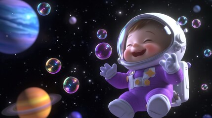 Poster - A joyful baby in a space suit floats among planets and bubbles in a whimsical cosmic scene.