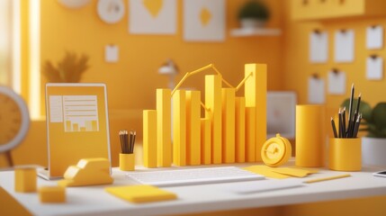 Poster - A bright workspace with yellow decor, featuring charts and office supplies.