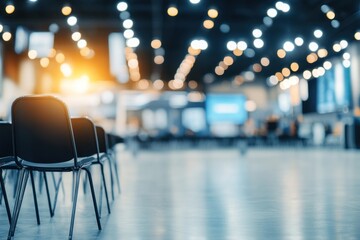 Poster - A spacious venue with empty chairs, illuminated by soft lights, suggesting an event setup.