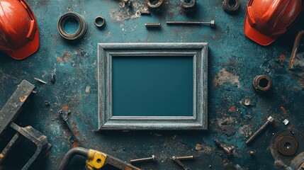Poster - A rustic workspace with tools and a blank frame for creative display.