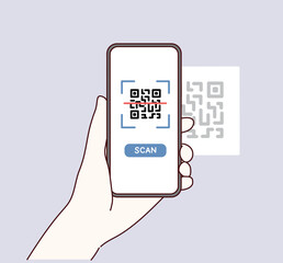 Holding smarphone scanning qr code vector. Smartphone in hand. Hand drawn style vector design illustrations.