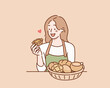© autumnn - Smiling woman holding basket with bread. Hand drawn style vector design illustrations.