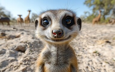 A close-up of a smiling meerkat in a sandy environment, with other meerkats blurred in the background, showcasing its curious and playful nature.