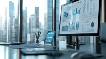 Aufkleber - Modern office workspace with digital displays and cityscape view.