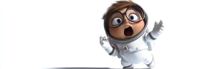 Poster - A surprised child in a space suit, expressing wonder in a whimsical setting.