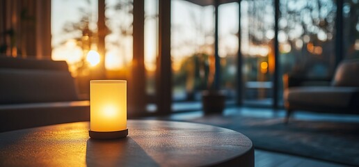 Poster - A cozy candle illuminates a serene living space at sunset.