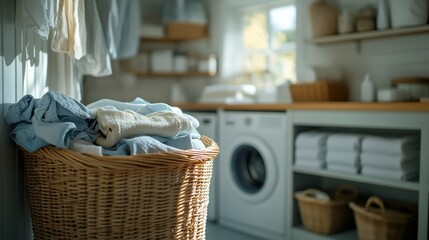 Poster - A cozy laundry room with a basket of clothes and organized shelves.