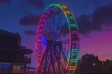 Aufkleber - A brightly lit Ferris wheel at dusk, showcasing vibrant neon colors against a twilight sky.