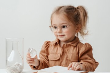 Poster - A young girl in glasses holds a crystal while observing a laboratory setup.