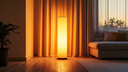 Poster - A cozy living room with a glowing lamp and soft curtains.