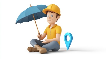 Poster - A cartoon character with an umbrella and a location pin, suggesting leisure or travel.