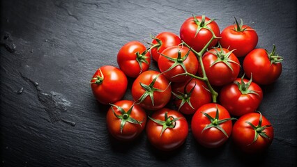 Wall Mural - Fresh Red Tomatoes on a Black Background: A High Angle Candid Photography Shot Capturing the Vibrant Color and Texture of Juicy Produce for Culinary Use and Food Styling