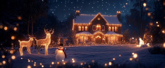 Aufkleber - A cozy, festive house adorned with lights in a snowy landscape.