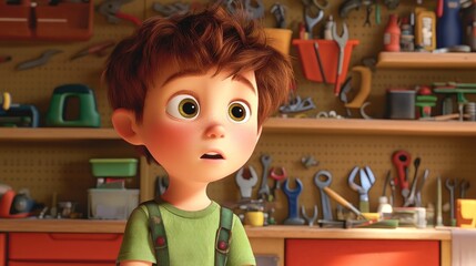 Aufkleber - A young boy looks surprised in a workshop filled with tools.