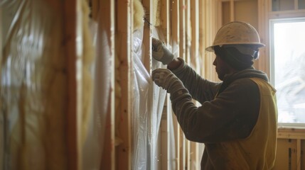 Wall Mural - A worker installs a layer of vapor barrier onto the interior walls of a building preventing moisture from damaging the insulation and creating mold.