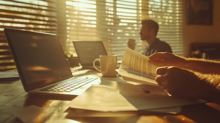 Aufkleber - A person reviews documents while enjoying a warm beverage in a sunlit workspace.
