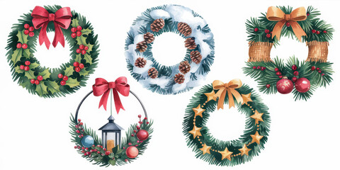 Wall Mural - Christmas Wreath Collection: Watercolor Style 