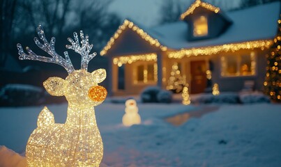 Poster - A festive scene featuring a lit reindeer decoration in a snowy yard.