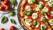 © Lasvu - Savor a delightful Caprese pizza showcasing tomatoes, mozzarella, and basil from above