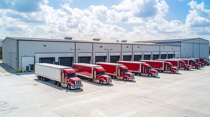 Aufkleber - A fleet of red trucks parked in front of a large industrial building.