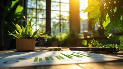 Aufkleber - A serene workspace with plants and a report featuring green graphs in sunlight.